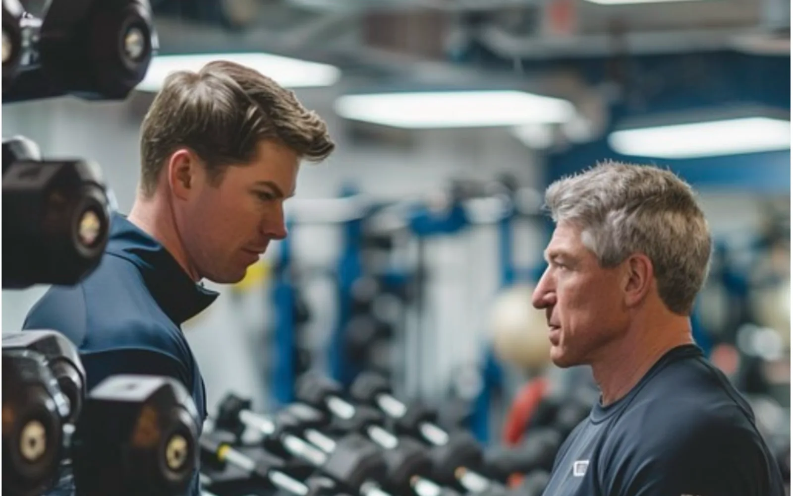 A coach guiding a client through an exercise at the gym